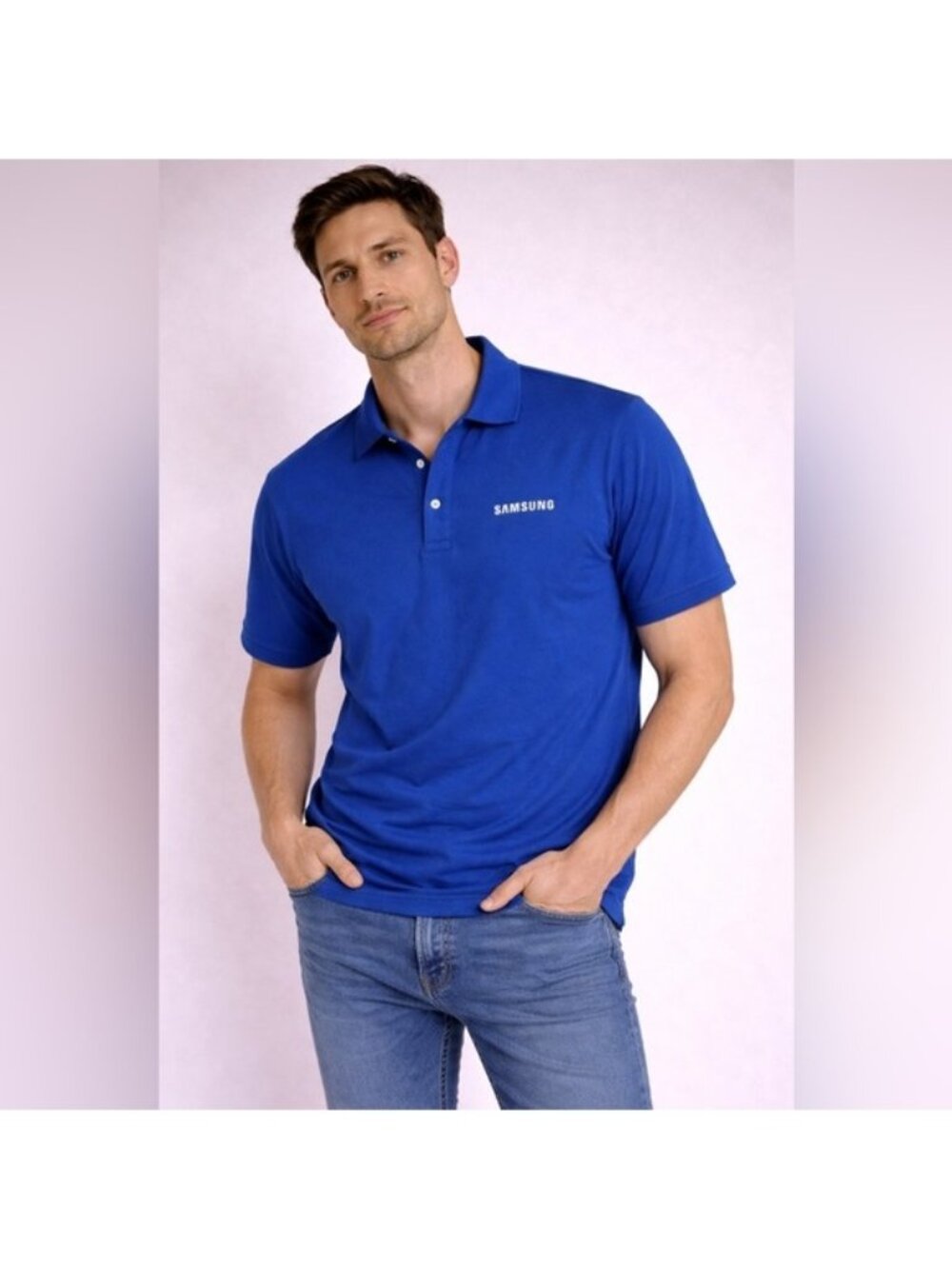 Samsung Blue Polo Shirt Men’s Size L Corporate Logo Short Sleeve